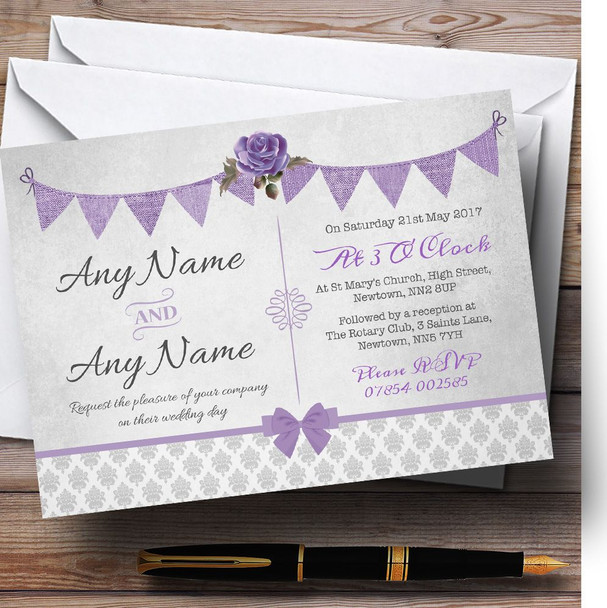 Vintage Rustic Style Bunting Purple & Silver Personalized Wedding Invitations