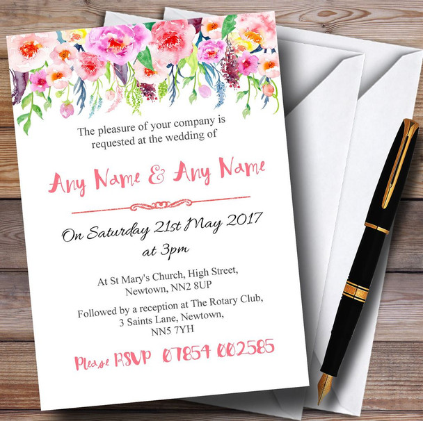 Coral Pink Watercolour Floral Personalized Wedding Invitations