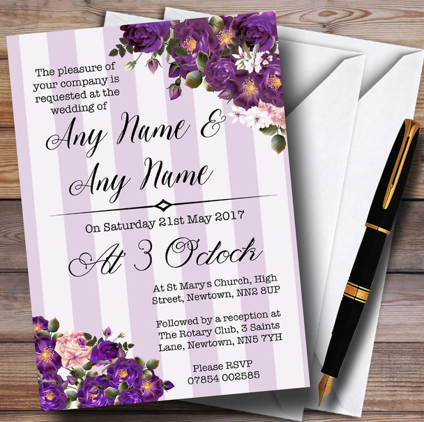 Cadbury Purple Rose & Stripes Vintage Personalized Wedding Invitations