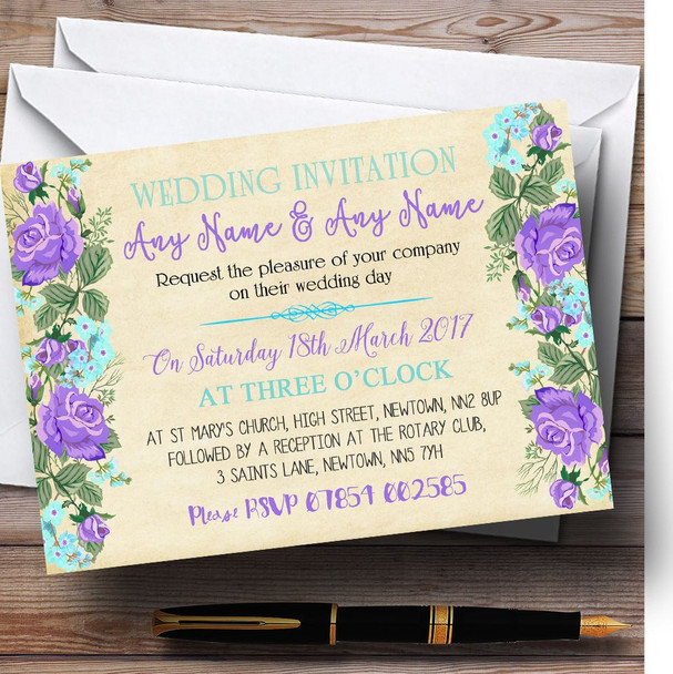 Vintage Purple & Blue Watercolour Personalized Wedding Invitations