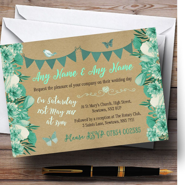 Teal & Mint Green Rustic Bunting & Floral Personalized Wedding Invitations