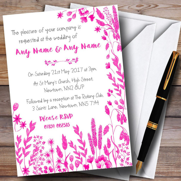 Hot Pink Autumn Leaves Watercolour Personalized Wedding Invitations