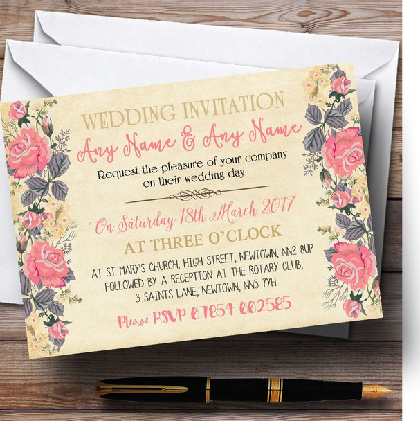 Vintage Coral Pink Rose Watercolour Personalized Wedding Invitations