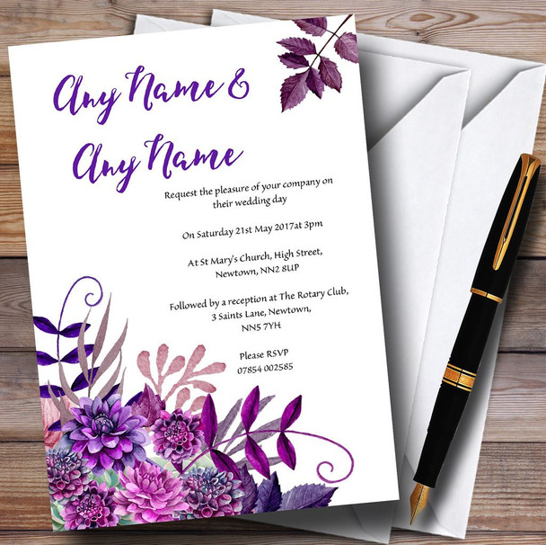 Cadbury Purple Watercolour Florals Personalized Wedding Invitations