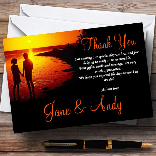 Couple On The Beach At Sunset Jetting Off Abroad Personalized Wedding Thank You Cards