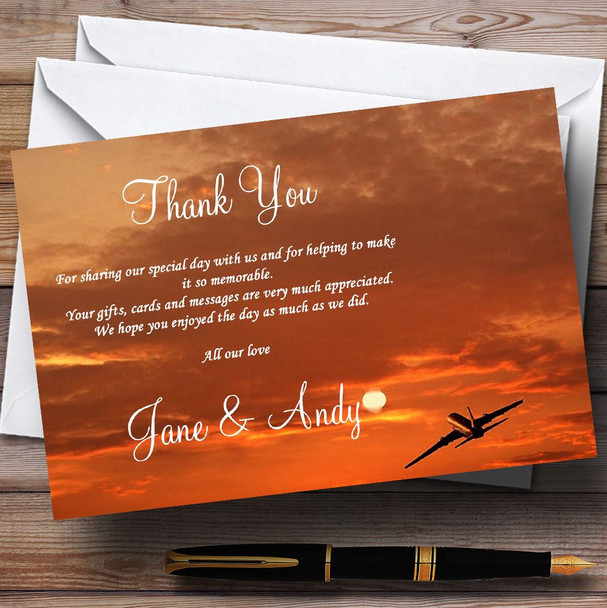 Plane In The Sky Sunset Jetting Off Abroad Personalized Wedding Thank You Cards