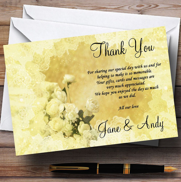 Yellow Cream Lace Personalized Wedding Thank You Cards
