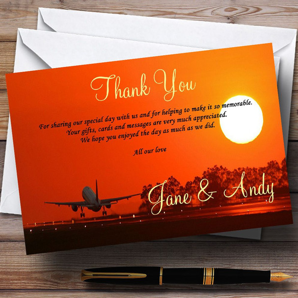 Plane Taking Off Into Sunset Jetting Off Abroad Personalized Wedding Thank You Cards