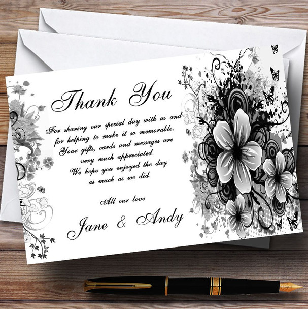 Black White Flowers Butterfly Personalized Wedding Thank You Cards