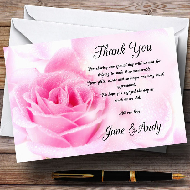 Pastel Pale Wet Pink Rose Personalized Wedding Thank You Cards