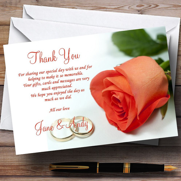 Orange Coral Peach Rose Rings Personalized Wedding Thank You Cards
