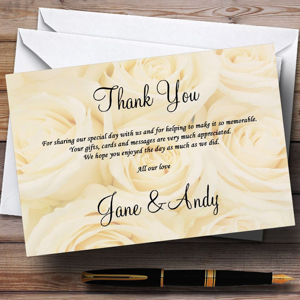 Pale Cream Ivory Roses Personalized Wedding Thank You Cards