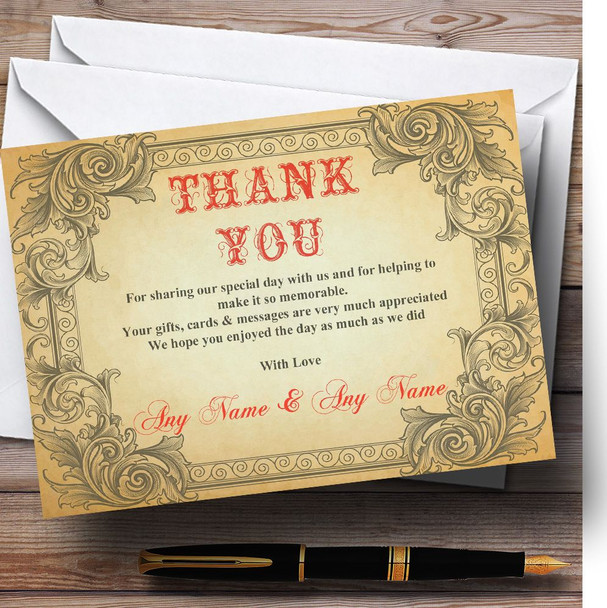 Typography Vintage Red Postcard Personalized Wedding Thank You Cards