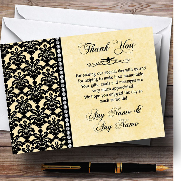 Yellow Black Damask & Diamond Personalized Wedding Thank You Cards