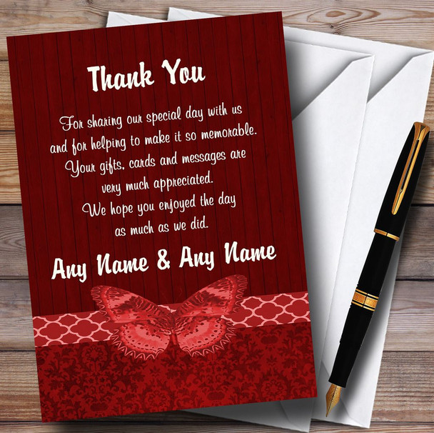 Rustic Vintage Wood Butterfly Deep Red Personalized Wedding Thank You Cards