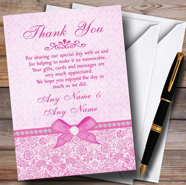 Pretty Floral Vintage Bow & Diamante Pink Personalized Wedding Thank You Cards