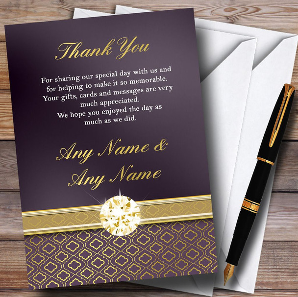 Purple Satin And Gold Personalized Wedding Thank You Cards