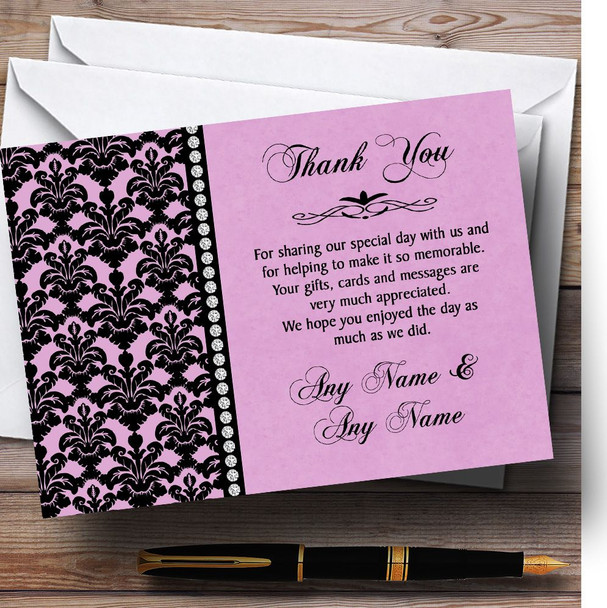 Dusky Rose Pink Black Damask & Diamond Personalized Wedding Thank You Cards