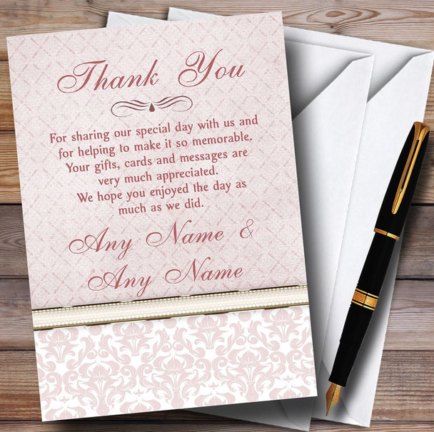 Dusky Rose Pink Damask Vintage Pearl Personalized Wedding Thank You Cards