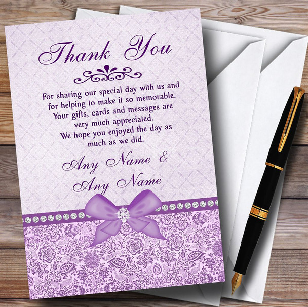 Pretty Floral Vintage Bow & Diamante Lilac Personalized Wedding Thank You Cards