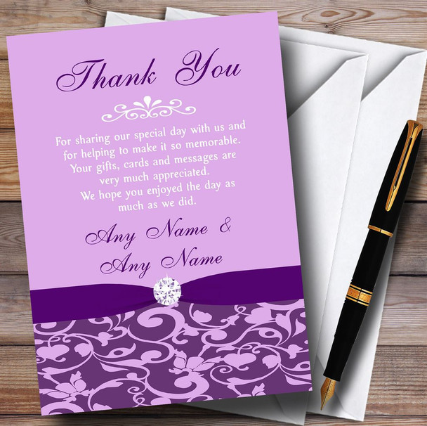 Cadbury Purple Vintage Floral Damask Diamante Personalized Wedding Thank You Cards