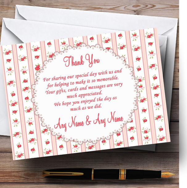 Pink Red Roses Shabby Chic Stripes Personalized Wedding Thank You Cards