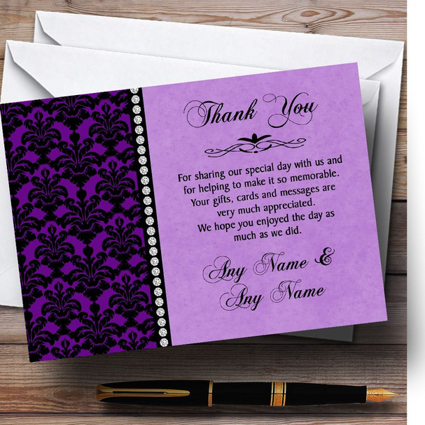 Cadbury Purple Black Damask & Diamond Personalized Wedding Thank You Cards