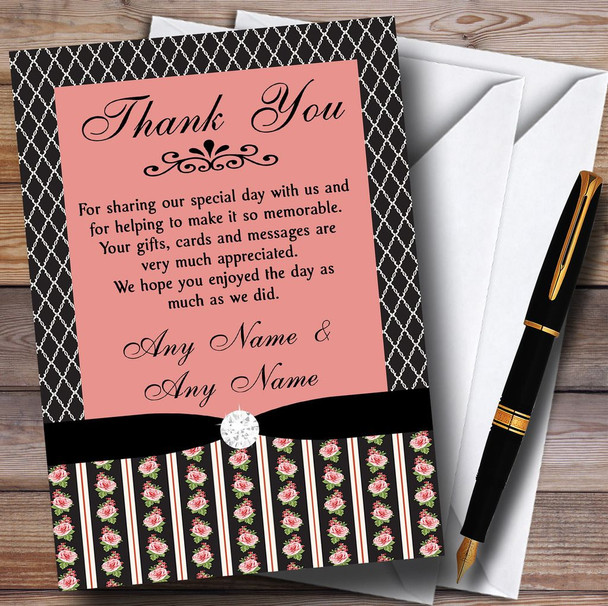 Black And Coral Pink Rose Shabby Chic Personalized Wedding Thank You Cards