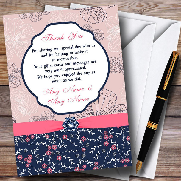 Navy Blue & Coral Pink Floral Personalized Wedding Thank You Cards