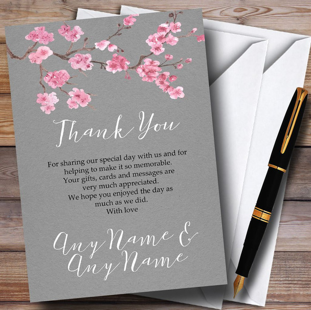 Rustic Vintage Dark Grey & Pink Blossom Personalized Wedding Thank You Cards