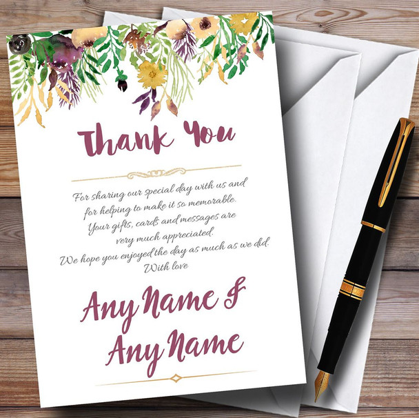 Autumn Plum Watercolour Floral Header Personalized Wedding Thank You Cards