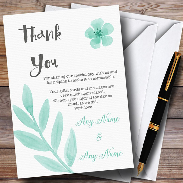 Watercolour Subtle Teal Mint Green Personalized Wedding Thank You Cards