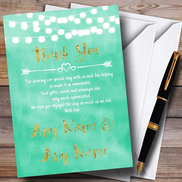 Mint Green & Gold Lights Watercolour Personalized Wedding Thank You Cards