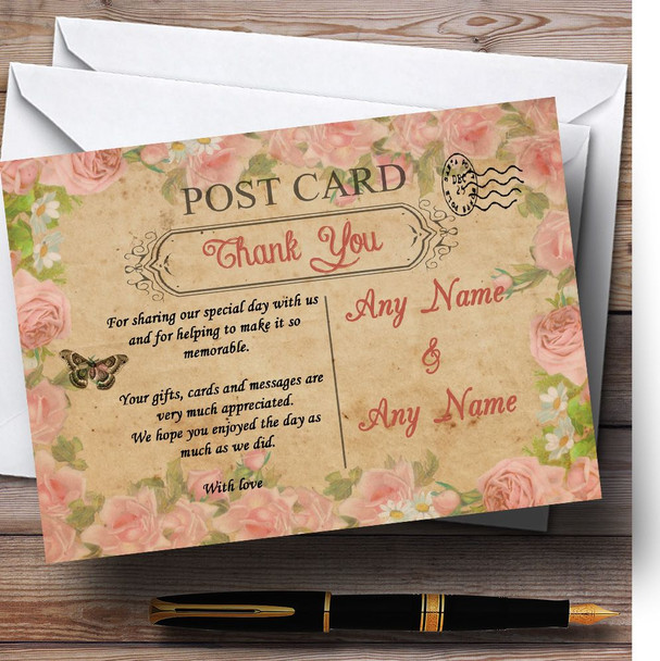 Pink Rose Vintage Shabby Chic Postcard Personalized Wedding Thank You Cards