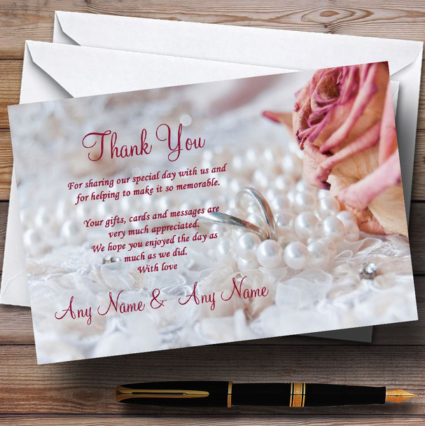 Pink Rose Pearl Rings Personalized Wedding Thank You Cards