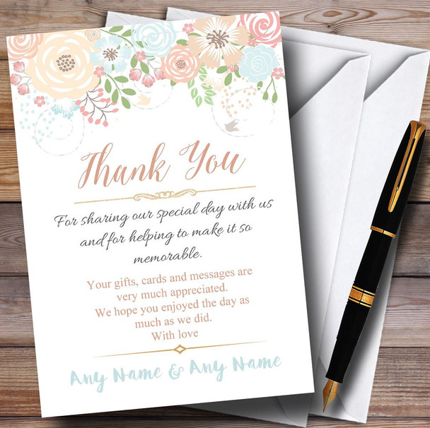 Coral Peach & Blue Watercolour Floral Header Personalized Thank You Cards