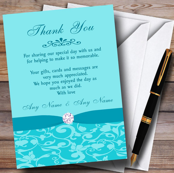 Tiffany Blue Vintage Floral Damask Diamante Personalized Wedding Thank You Cards