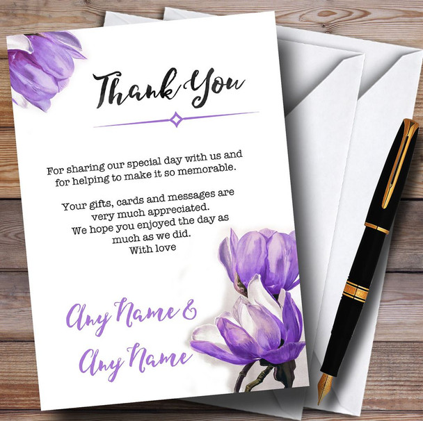 Watercolour Purple Magnolias Personalized Wedding Thank You Cards