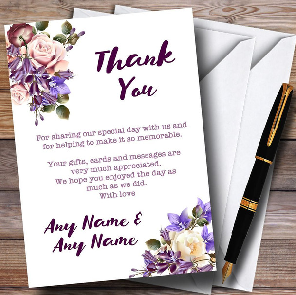 White Lilac & Blush Pink Watercolour Rose Personalized Wedding Thank You Cards