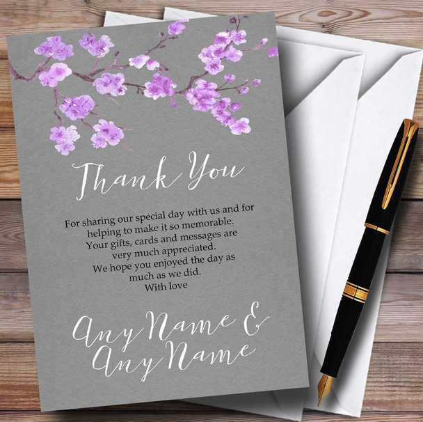 Rustic Vintage Dark Grey & Purple Blossom Personalized Wedding Thank You Cards