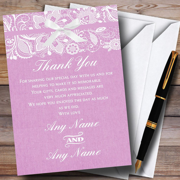 Vintage Dusky Pink Rose Burlap & Lace Personalized Wedding Thank You Cards