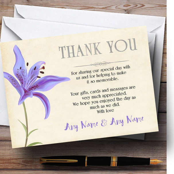 Purple Lily Vintage Personalized Wedding Thank You Cards