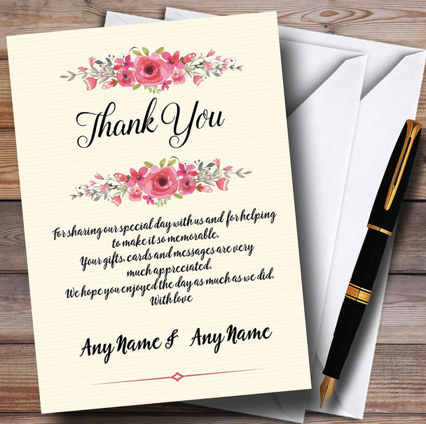 Watercolour Pink Floral Rustic Personalized Wedding Thank You Cards