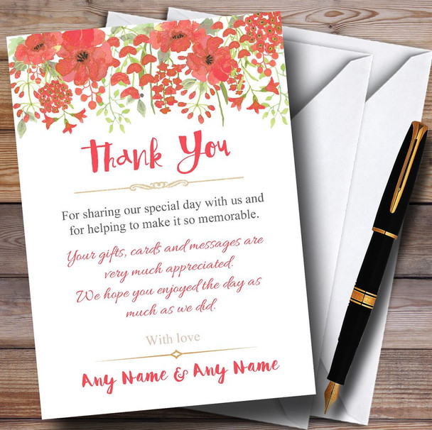 Watercolour Floral Coral Pink Personalized Wedding Thank You Cards