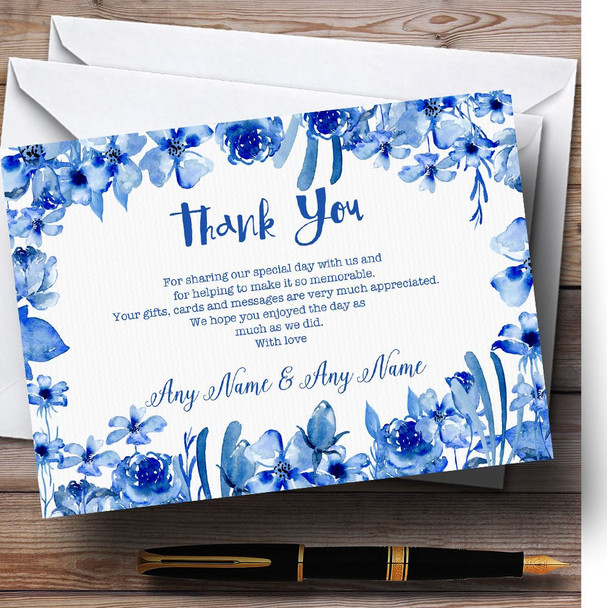 Watercolour Indigo Blue Floral Personalized Wedding Thank You Cards
