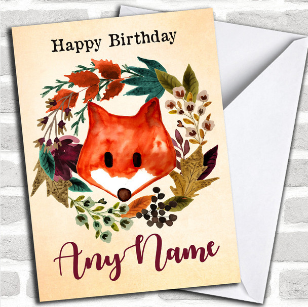 Fox Autumn Wreath Personalized Birthday Card