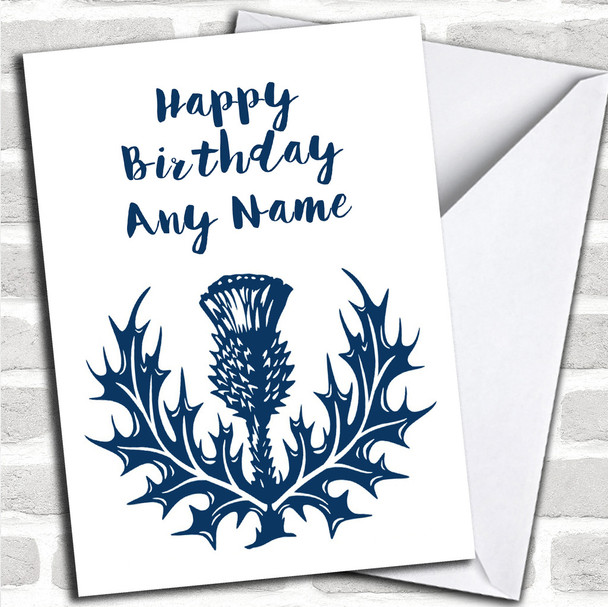Blue & White Scottish Thistle Personalized Birthday Card