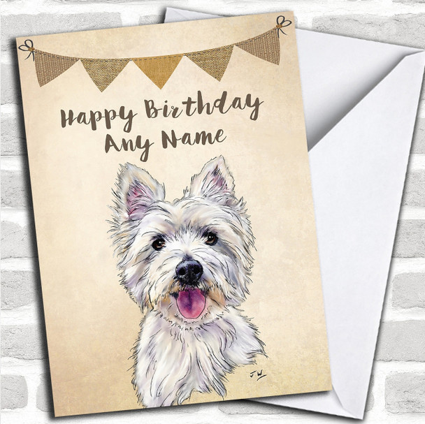 Vintage Burlap Westie West Highland Terrier Dog Personalized Birthday Card