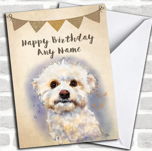 Vintage Burlap Bunting Bichon Frise Dog Personalized Birthday Card