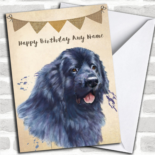 Vintage Burlap Bunting Dog Newfoundland Personalized Birthday Card
